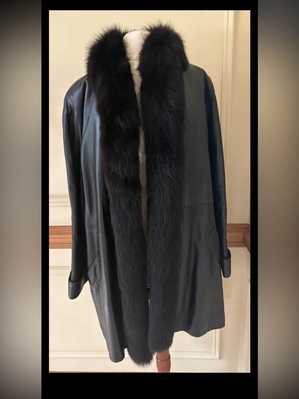 Gorgeous Black Leather & Black Fox Fur Trim
